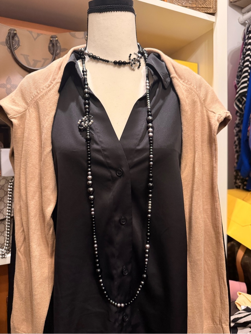 CHANEL Long Black and Silver Beaded Necklace with Pearl Accents